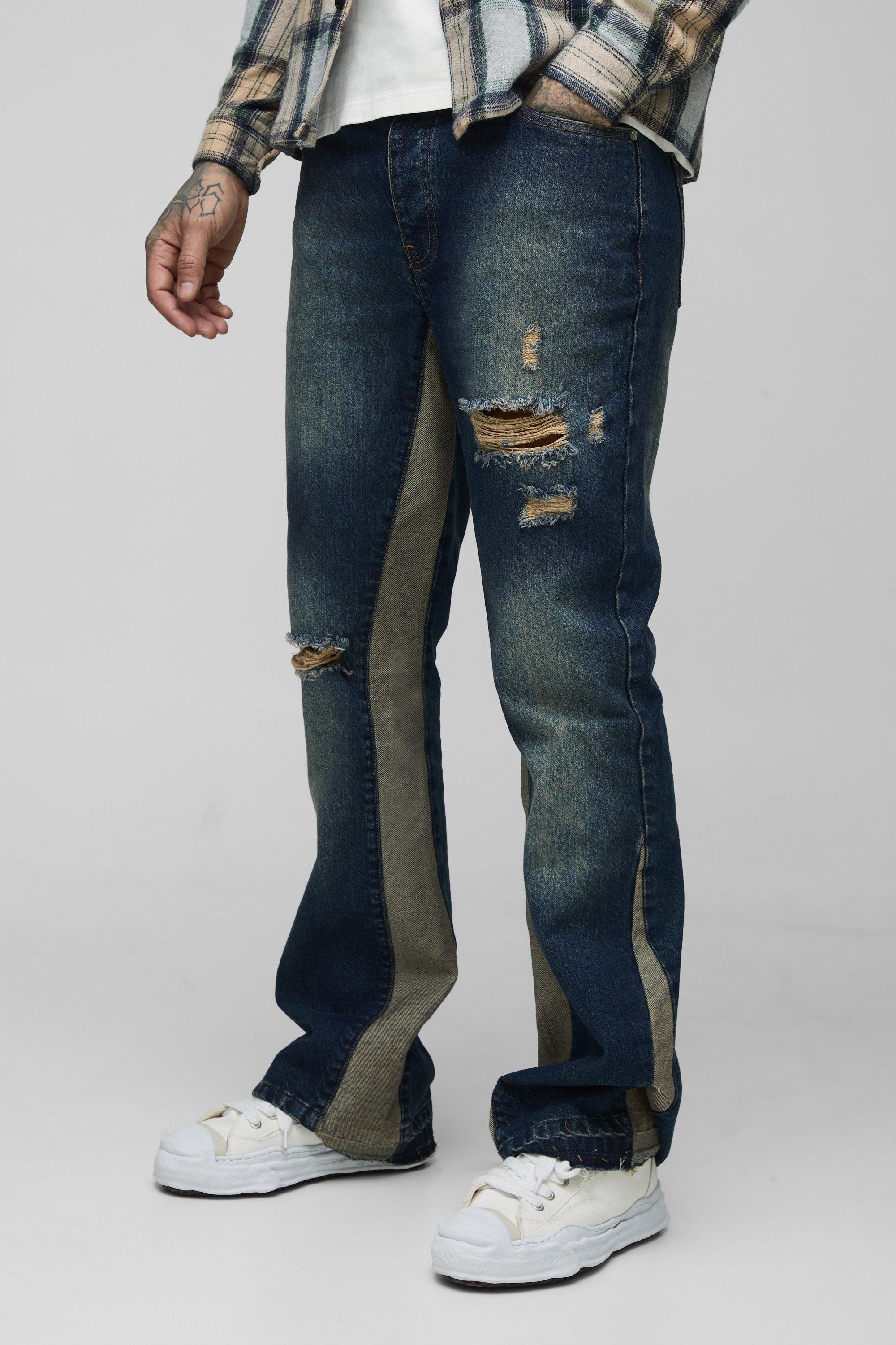 Mens Blue Tall Slim Rigid Flare Distressed Gusset Panel Acid Washed Jeans, Blue